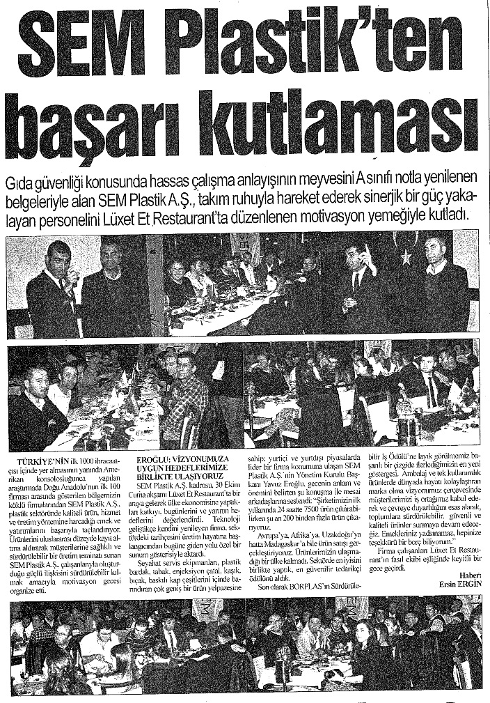 Ersin ERGIN signed News in Silivri Hürhaber newspaper dated 02.11.2015 talked about SEM plastic celebration dinner