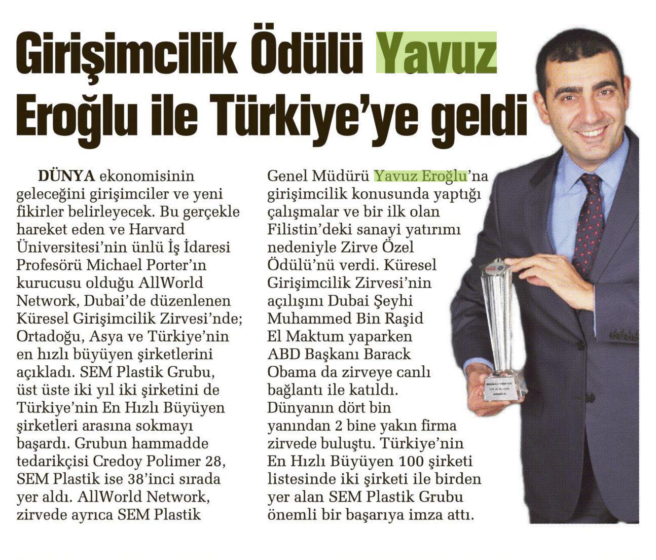 Entrepreneurship Award Yavuz Eroğlu came to Turkey